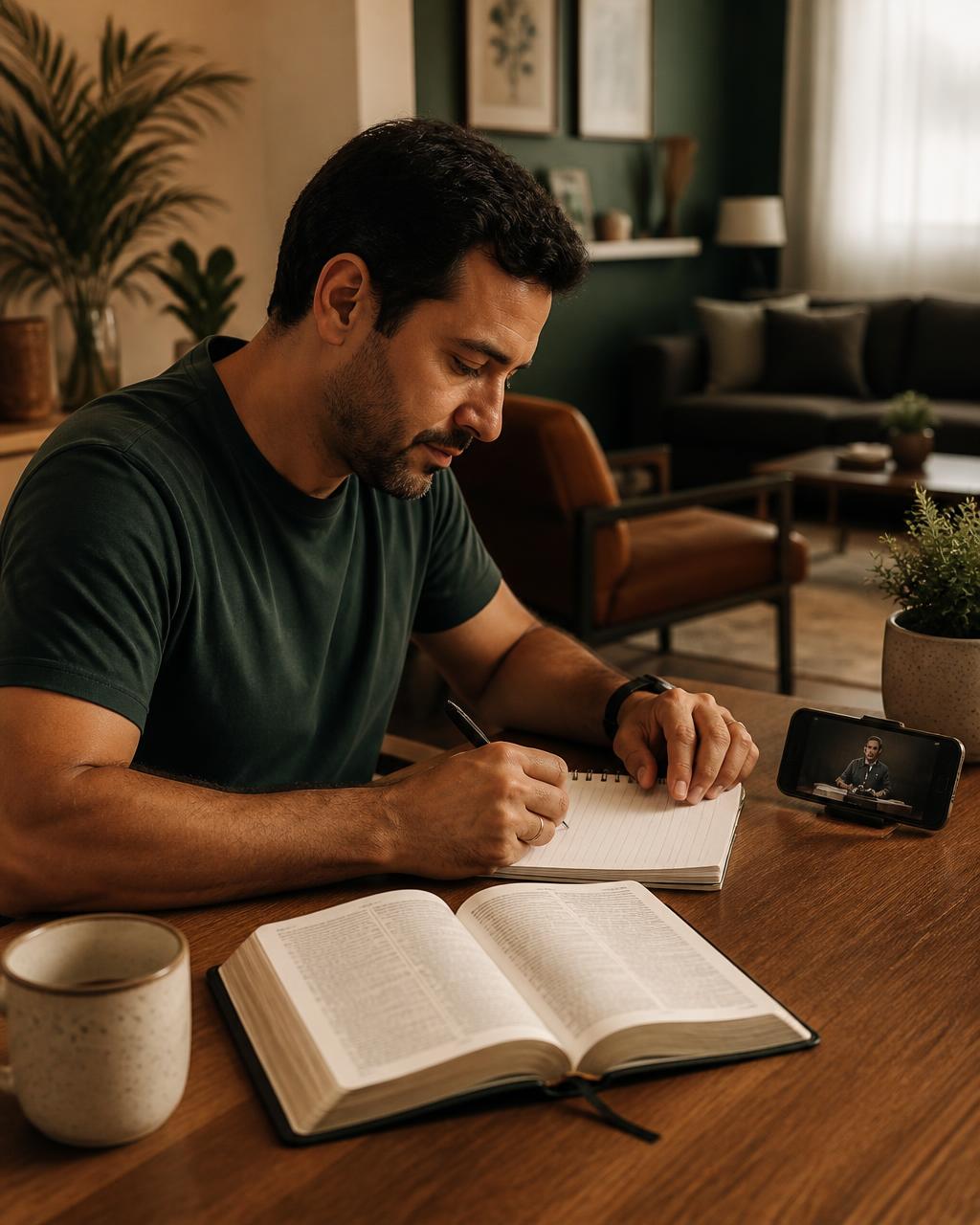 Pessoa estudando a Bíblia em casa, escrevendo em um caderno com o celular ao lado exibindo uma aula