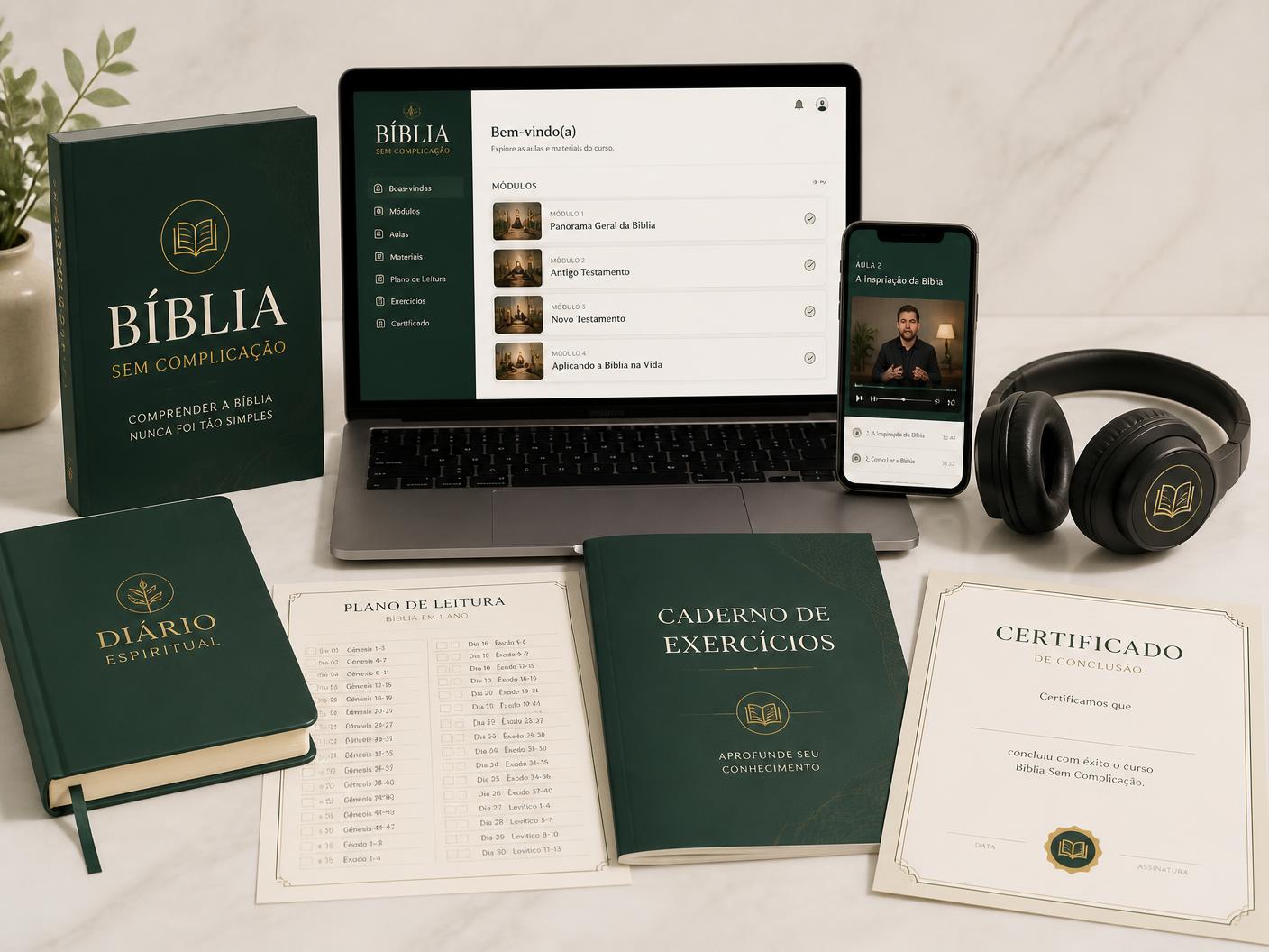 E-book, diário espiritual, plano de leitura, caderno de exercícios, certificado e fones ao lado do notebook e do celular com as aulas