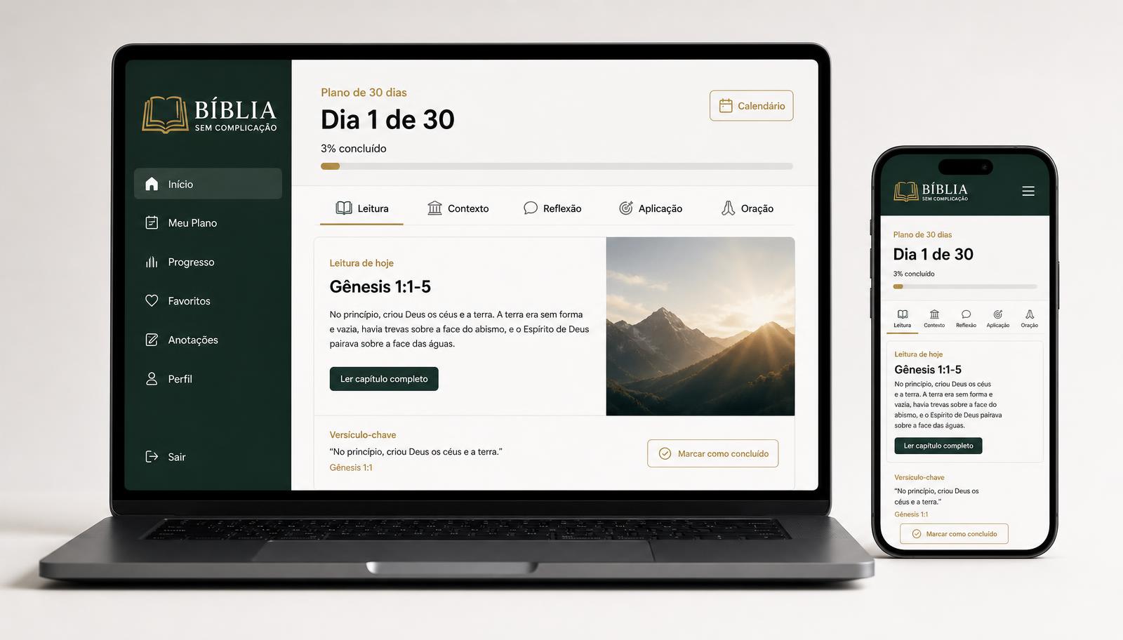 Notebook e celular exibindo a aula do Dia 1 de 30, com 3% concluído e as etapas Leitura, Contexto, Reflexão, Aplicação e Oração